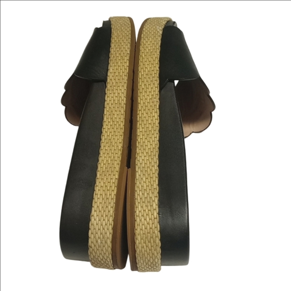 ♠️ KATE SPADE "ZEST" BLACK LEATHER ESPADRILLES SLIDES WITH FRONT GOLD LOGO - Picture 6 of 10